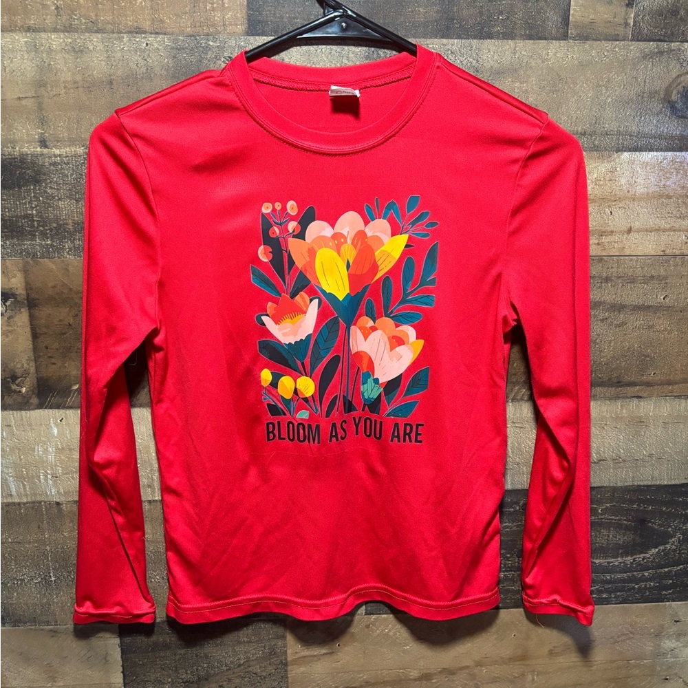 Red Long Sleeve Kids Tee with Floral Design